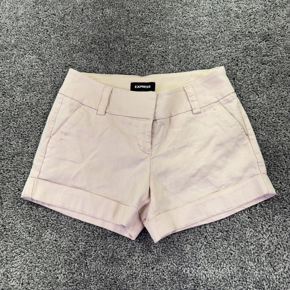 Express Shorts Womens 0 Pink Midi Low Rise Chino Linen Cuffed Casual Summer